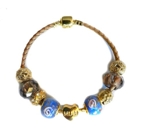Gemmabella Braided Leather Golden Charm Bracelet - Mum