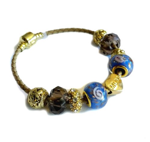 Gemmabella Braided Leather Golden Charm Bracelet - Mum