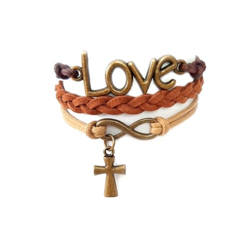 Bronze Love Christian Infinity Bracelet with Cross- Brown Beige