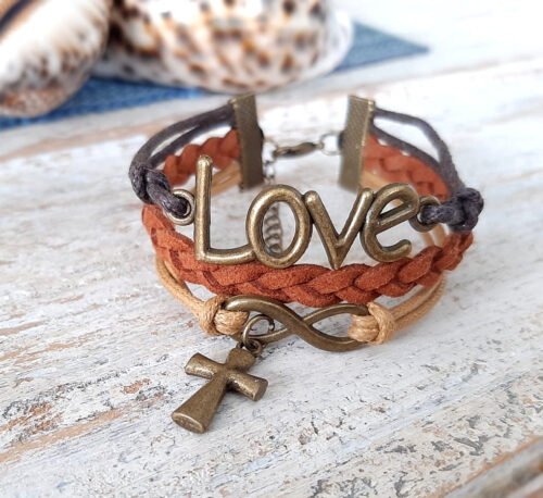 Bronze Love Christian Infinity Bracelet with Cross- Brown Beige
