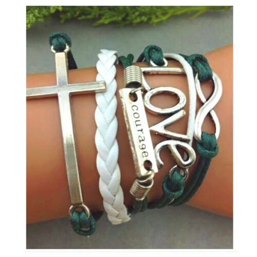 Cross Courage Love Infinity Bracelet - Green, White