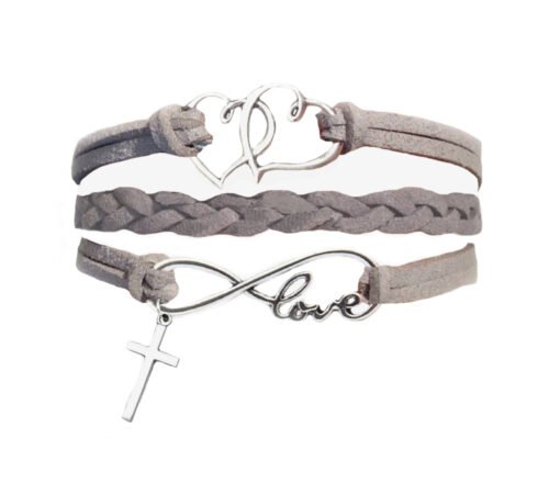 hearts cross grey suede Faithful Heart Love Infinity Bracelet with Cross - Dove Grey