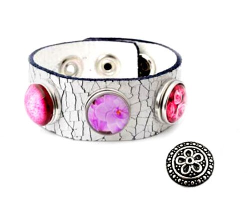 Snap Bracelet Crackled White Leather, Four Snap Charms - Pink