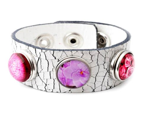 Snap Bracelet Crackled White Leather, Four Snap Charms - Pink