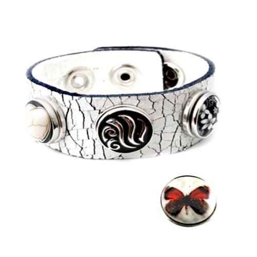 Snap Bracelet in Cracked Leather with four Snap Charms - White