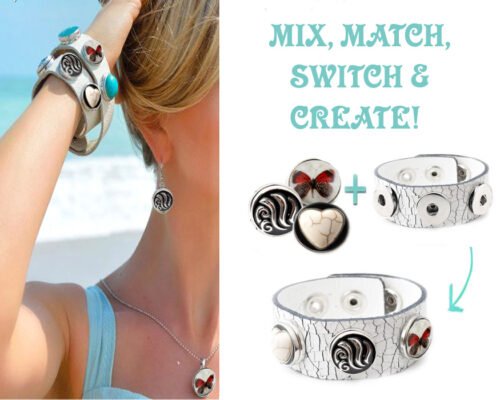 Snap Bracelet in Cracked Leather with four Snap Charms - White