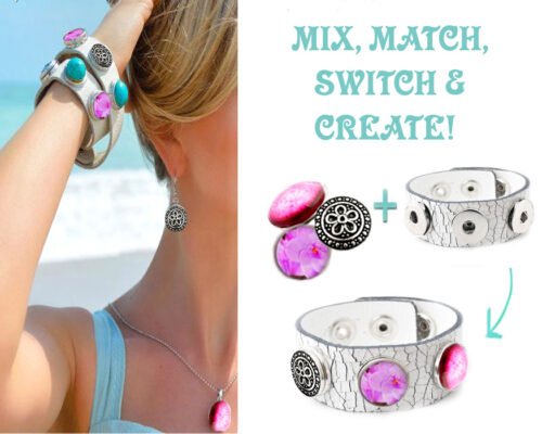Snap Bracelet Crackled White Leather, Four Snap Charms - Pink