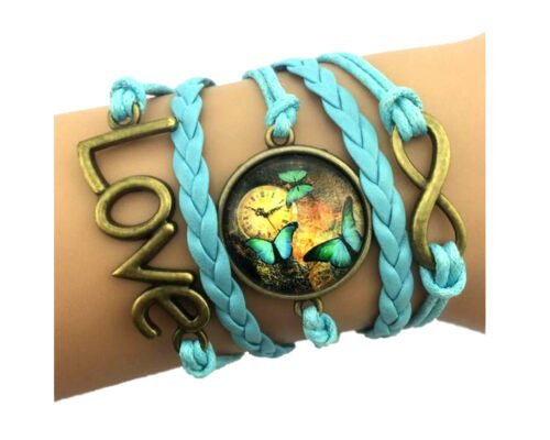 Bronze Cabochon Infinity Bracelet with Antique Butterflies - Blue