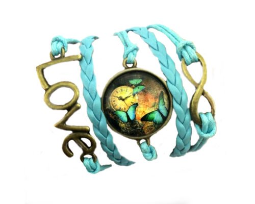 Bronze Cabochon Infinity Bracelet with Antique Butterflies - Blue