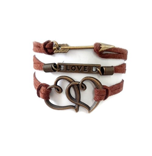 Bronze Love Hearts Entwined Infinity Bracelet with Arrow -Brown
