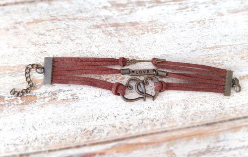 Bronze Love Hearts Entwined Infinity Bracelet with Arrow -Brown