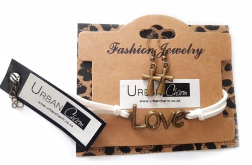 Purity Love Infinity bracelet and Cross Earrings Set Bronze White