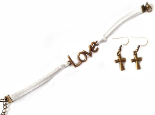 Purity Love Infinity bracelet and Cross Earrings Set Bronze White