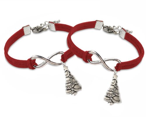 Silver Christmas Tree Infinity Bracelets Set of 2 - Red