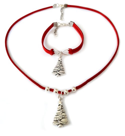 Christmas Tree Necklace & Bracelet Set - Red