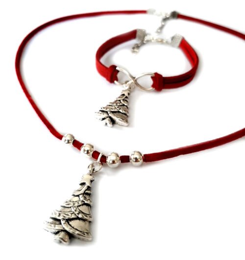Christmas Tree Necklace & Bracelet Set - Red