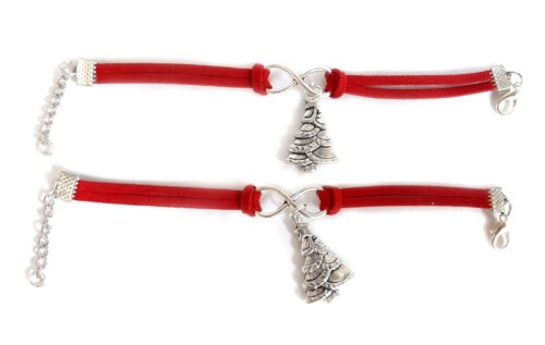 Silver Christmas Tree Infinity Bracelets Set of 2 - Red