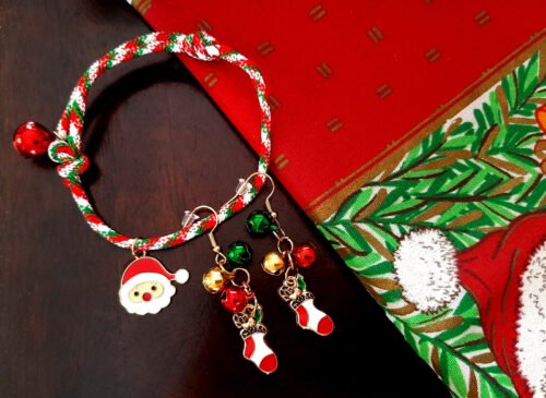 Xmas Santa Festive Jingle Earrings & Bracelet Jewellery Set